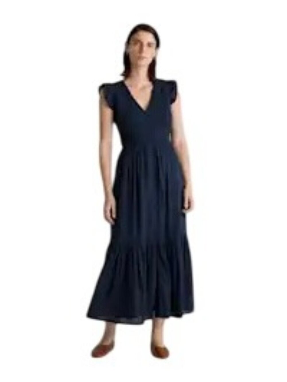 Quince Organic Textured Cotton Smocked V-Neck Midi Dress Dark Navy Size Large NE